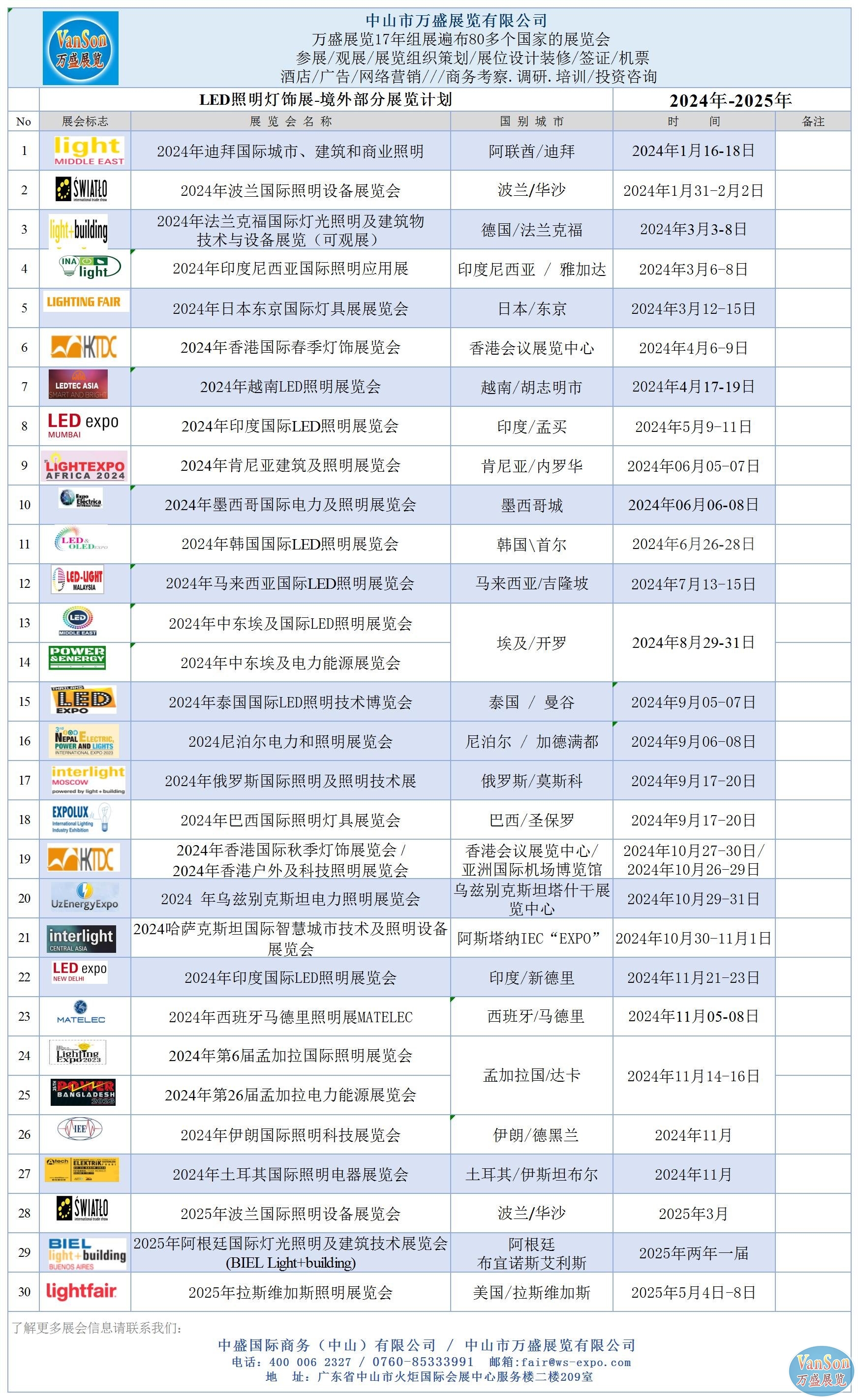 2024-2025年<a href='http://m.guqc.cn' target='_blank'><u>萬盛展覽</u></a>全球燈飾照明展覽會展覽計劃表